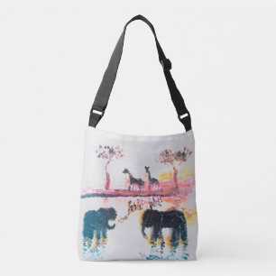 Elephant, Giraffe Sunset Art Personalized Crossbody Bag