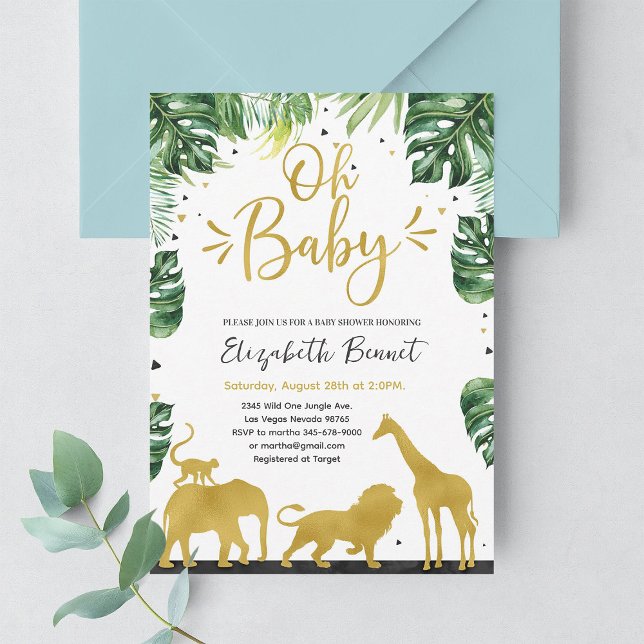 Elephant Giraffe Wild One Jungle Gold Baby Shower Invitation (Creator Uploaded)