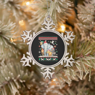 Elephant Giraffe Zebra Jungle Zoo Ugly Christmas Snowflake Pewter Christmas Ornament