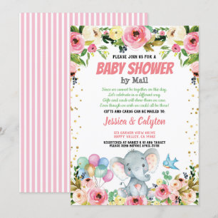 Elephant girl baby shower by mail pink rose invitation