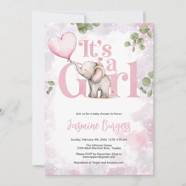 Elephant Girl Baby Shower Invitation (Front)