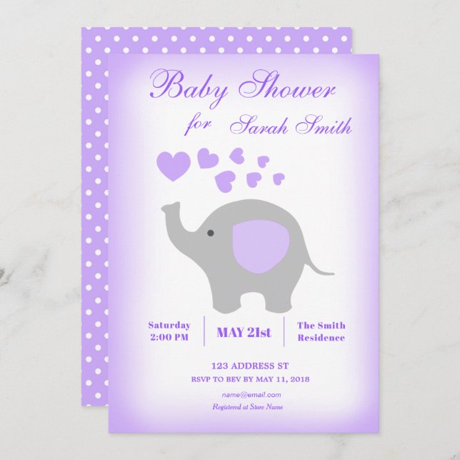 Elephant Girl Baby Shower Invitation Purple Hearts (Front/Back)