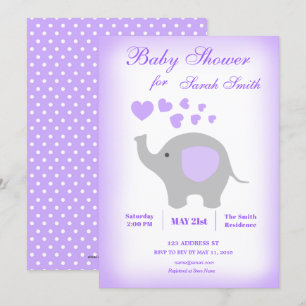 Elephant Girl Baby Shower Invitation Purple Hearts