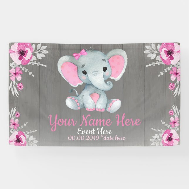 Elephant Girl Backdrop Pink Name Rustic Flowers Banner (Horizontal)