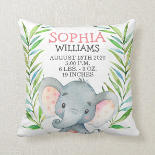 Elephant Girl Birth Stats Jungle Safari Nursery Cushion