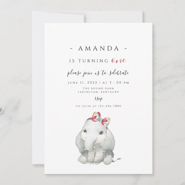Elephant Girl First Birthday, elephant turning one Invitation (Front)