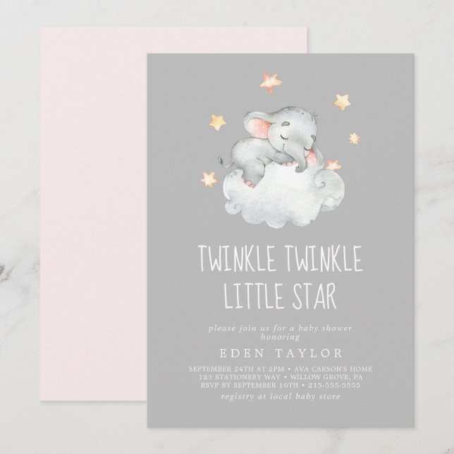 Elephant Girl | Grey Twinkle Twinkle Little Star Invitation (Front/Back)