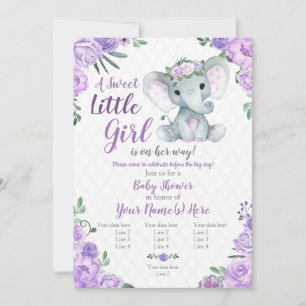 Elephant Girl Invitation, Floral rustic, purple Invitation
