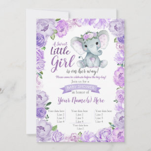 Elephant Girl Invitation, Floral rustic, purple Invitation