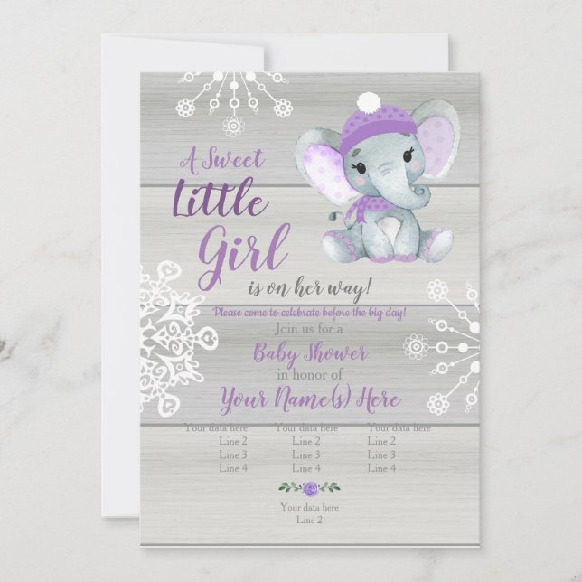 Elephant Girl Invitation, grey rustic, purple snow Invitation (Front)