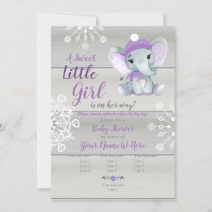 Elephant Girl Invitation, grey rustic, purple snow Invitation