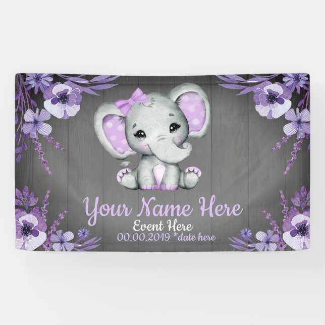 Elephant Girl Purple Bow Backdrop Banner Floral (Horizontal)