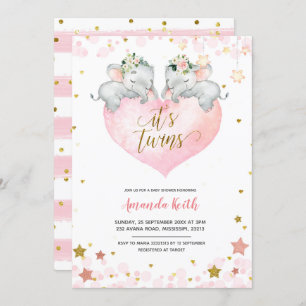 Elephant Girl Twins Baby Shower Invitation