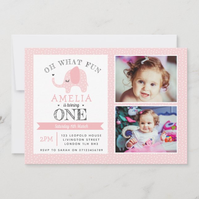 Elephant Girls 1st Birthday Invitation (Front)