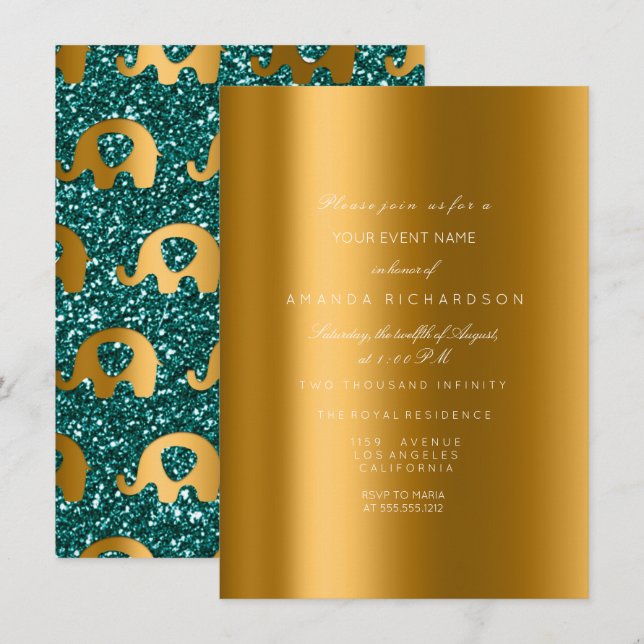 Elephant Glitter Teal Gold Bridal Birthday Party Invitation (Front/Back)