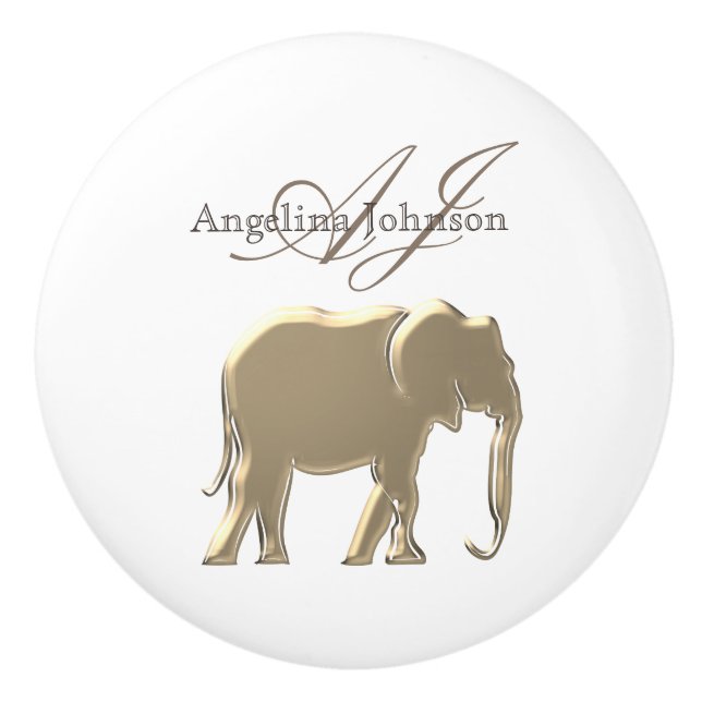 Elephant Gold Elegant Monogram Name Ceramic Knob (Front)