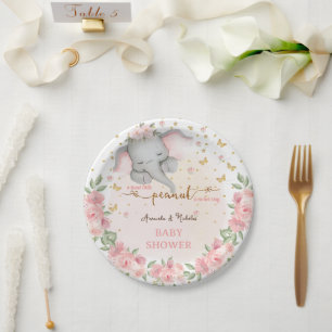 Elephant Gold Glitter Pink Baby Shower Paper Plate