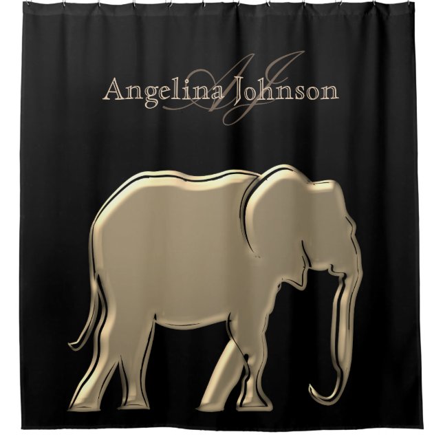 Elephant Golden Black Monogram Elegant Luxurious Shower Curtain (Front)