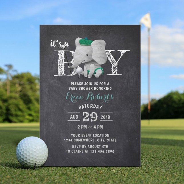 Elephant Golf Boy Rustic Chalkboard Baby Shower Invitation (Creator Uploaded)