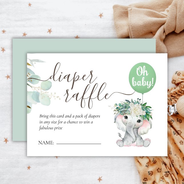 Elephant Green Balloon Baby Shower Diaper Raffle Enclosure Card (Creator Uploaded)