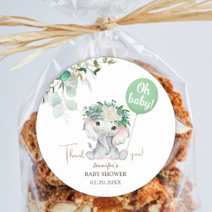 Elephant Green Balloon Gender Neutral Baby Shower  Classic Round Sticker