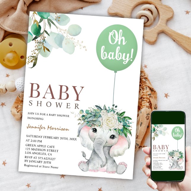 Elephant Green Balloon Gender Neutral Baby Shower Invitation (Creator Uploaded)