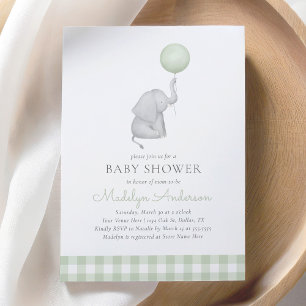 Elephant Green Balloon Gender Neutral Baby Shower Invitation