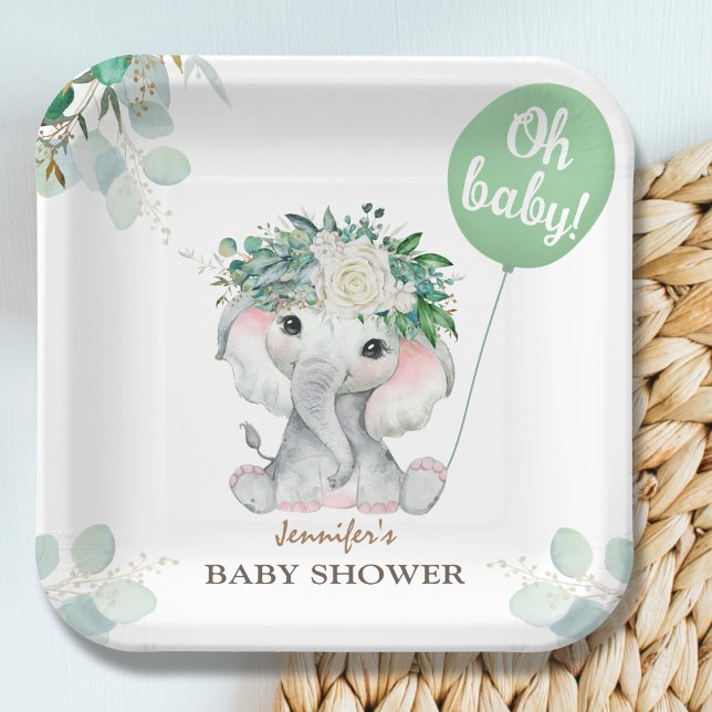 Elephant Green Balloon Gender Neutral Baby Shower  Paper Plate (Creator Uploaded)