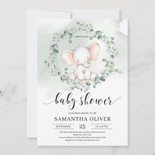 Elephant green eucalyptus leaves Baby Shower Invitation (Front)