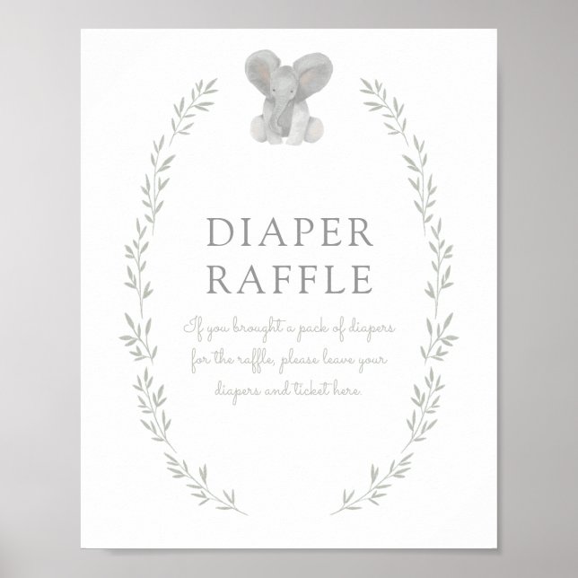 Elephant Greenery Baby Shower Diaper Raffle Sign (Front)