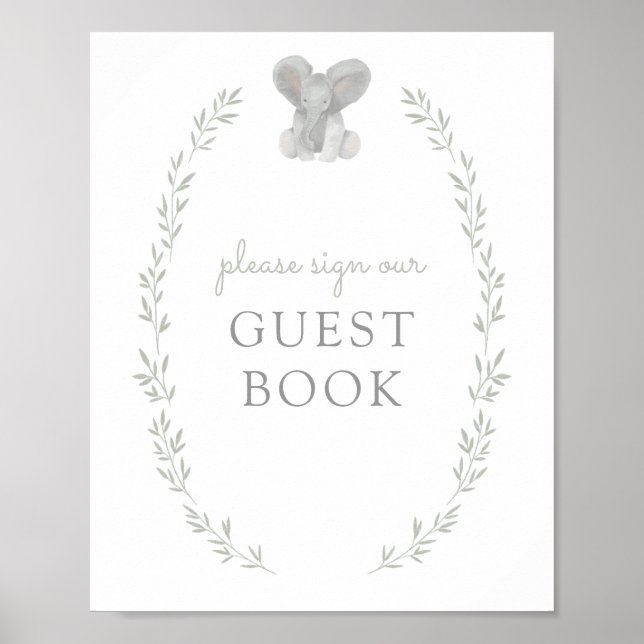 Elephant Greenery Baby Shower Guest Book Sign (Front)