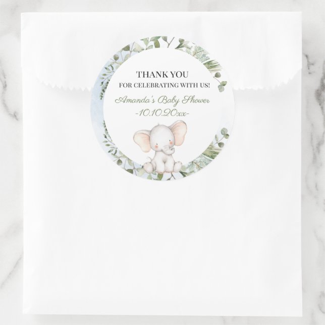 Elephant Greenery Boy  Boy Baby Shower Classic Round Sticker (Bag)