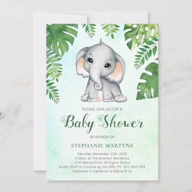 Elephant Greenery Foliage Watercolor Baby Shower I Invitation (Front)