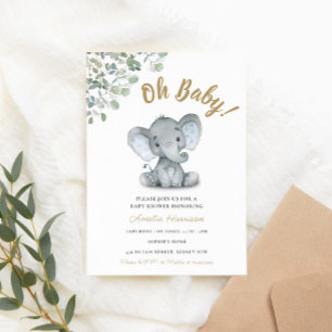 Elephant Greenery Gender Neutral Baby Shower Invitation