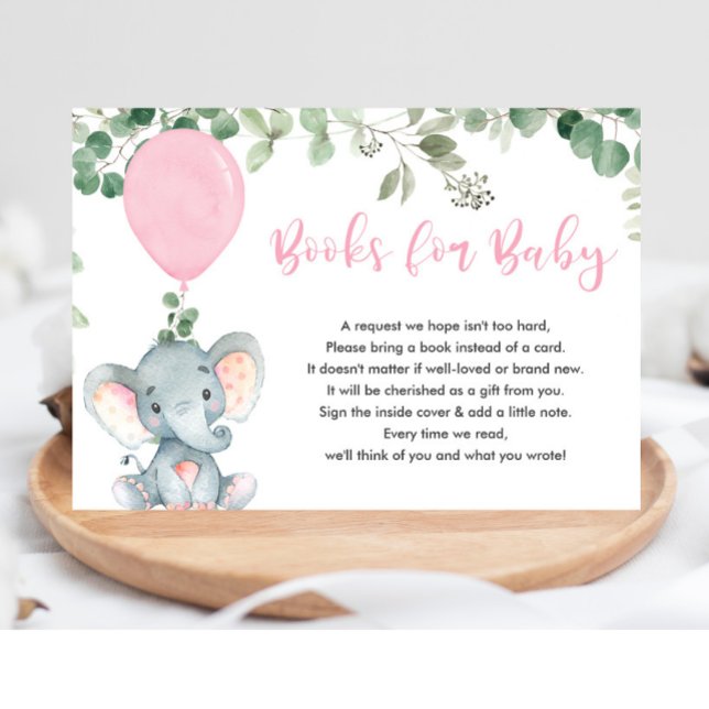 Elephant greenery pink balloon books for baby girl enclosure card (Creator Uploaded)
