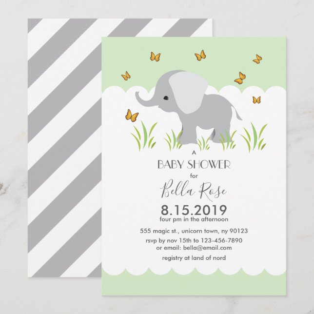 Elephant Grey Stripes Baby Shower Invite (Front/Back)