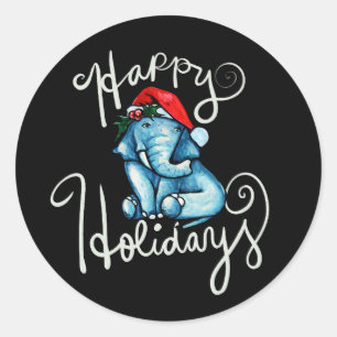 Elephant Happy Holidays Nature holly yule art      Classic Round Sticker