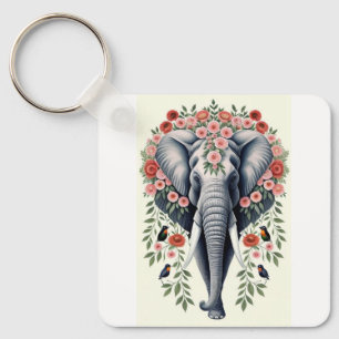 Elephant Head And Flowers Key Ring