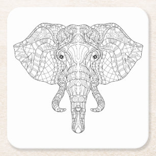 Elephant Head Doodle 2 Square Paper Coaster