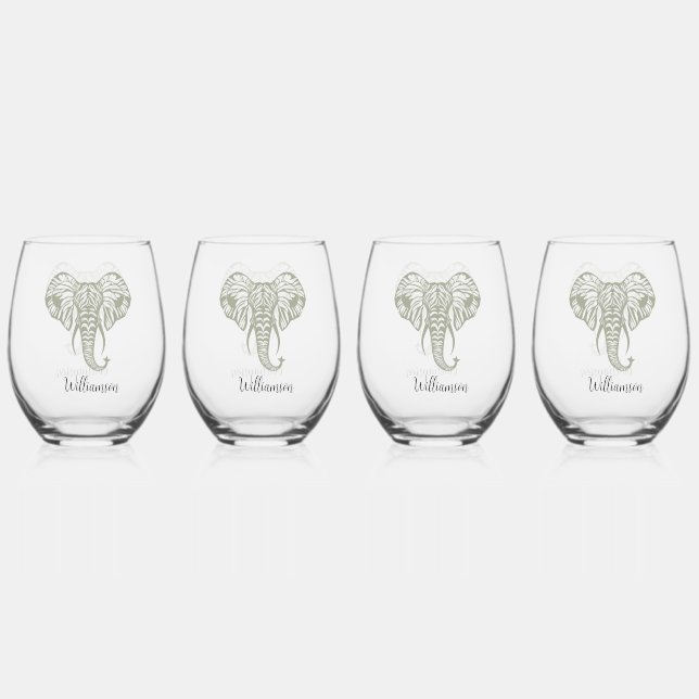 Elephant Head Olive Green Personalise  Stemless Wine Glass (Front)