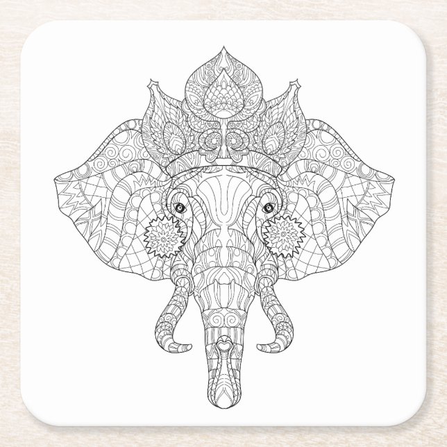 Elephant Head Zendoodle Square Paper Coaster (Front)