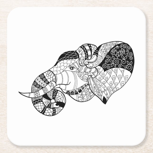 Elephant Head Zenstyle Doodle Square Paper Coaster (Front)