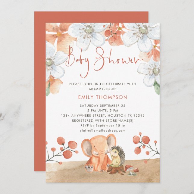 Elephant Hedgehog Florals Coral Girl Baby Shower Invitation (Front/Back)