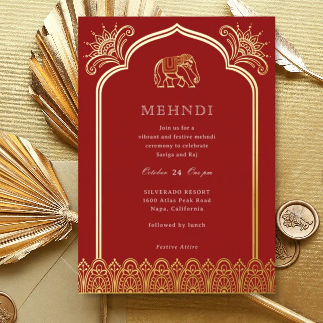 Elephant & Henna Design Pattern Indian Mehndi Gold (Red Indian wedding Mehndi invitation, elephant and lotus flower, hindu wedding invitation card)