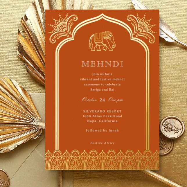 Elephant & Henna Design Pattern Indian Mehndi Gold (Orange Indian wedding Mehndi invitation, elephant and lotus flower, hindu wedding invitation card)