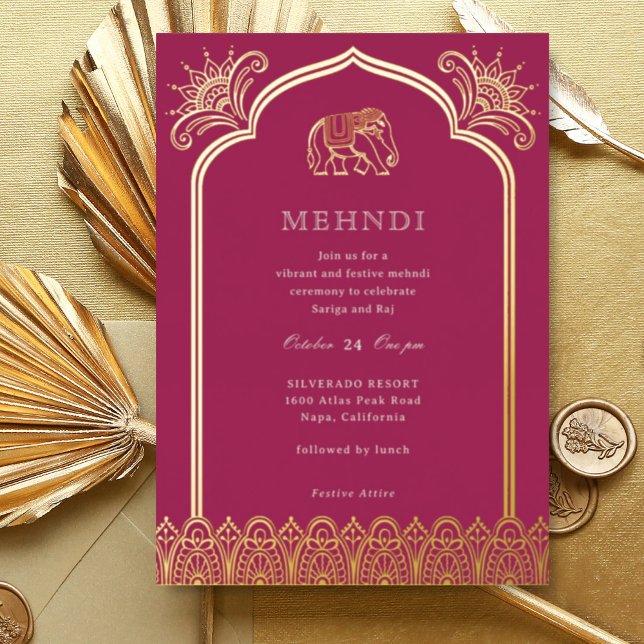 Elephant & Henna Design Pattern Indian Mehndi Gold (Pink Indian wedding Mehndi invitation, elephant and lotus flower, hindu wedding invitation card)