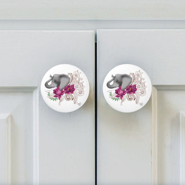 Elephant Henna Lotus Flowers Ceramic Knob (Creator Uploaded)