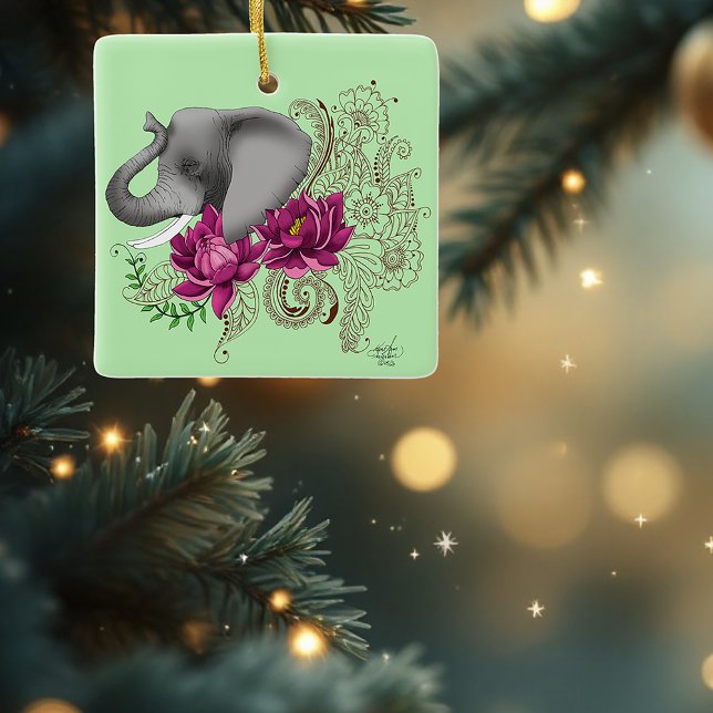 Elephant Henna Lotus Flowers Ceramic Ornament (Creator Uploaded)