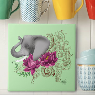 Elephant Henna Lotus Flowers Ceramic Tile