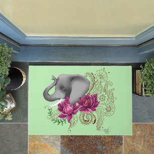 Elephant Henna Lotus Flowers Doormat
